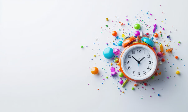 A colorful clock with brightly colored objects exploding out from behind