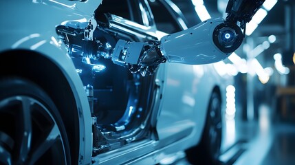 Fototapeta premium Sleek and Futuristic Electric Car with Innovative Technology Showcased in City Landscape