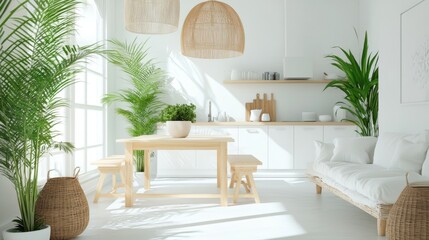 An interior designed in a Zen-inspired style with potted bamboo plants, natural interiors, minimalist white kitchens and living areas, and Scandinavian classic architecture