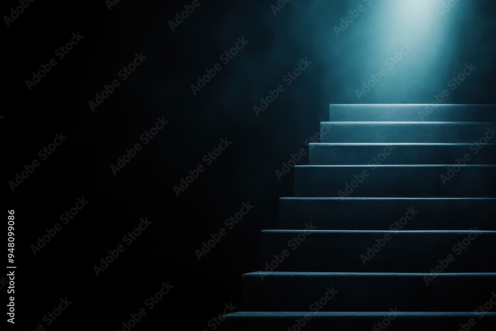 Poster a dark and moody staircase illuminated by a single light, creating an atmospheric and mysterious amb