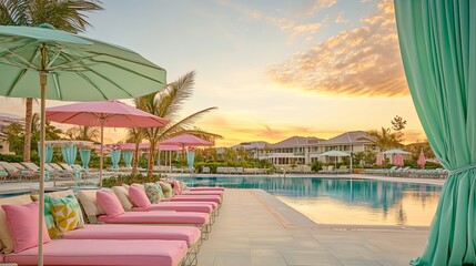 Capture the elegance of a sunset at a luxury beach club: pastel-colored beach chairs and solid-colored pillows, vibrant pink beach umbrellas, bright luxury towels, and pastel green drapes.