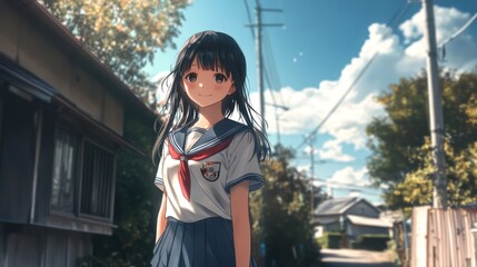 Obraz premium A cheerful young girl in a school uniform stands on a sunny street, surrounded by nature, with a warm smile and flowing hair.