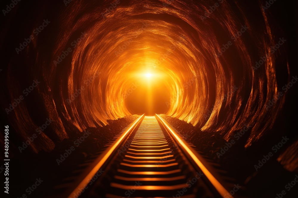 Poster a mesmerizing view of a dark tunnel illuminated by bright light at the end, showcasing a tranquil ra