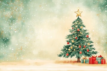Obraz premium A hand-drawn, watercolor Christmas tree adorned with red and gold ornaments, topped with a golden star. The tree is set against a soft, snowy background with presents at its base, creating a warm, fes