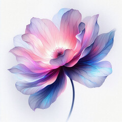 a single elegant flower with delicate petals in soft neon shades of pink, purple, and blue. The translucent petals blend seamlessly into a nearly white background, creating an ethereal effect.