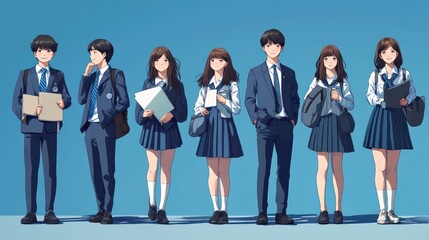 Obraz premium A diverse group of seven anime high school students in uniforms, showcasing friendship and confidence against a vibrant blue background.