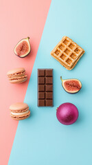 A colorful display of desserts including chocolate, waffles, and pastries
