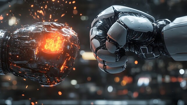 Futuristic Robot Cyborg Emitting Fiery Energy in Dramatic Sci Fi Scene