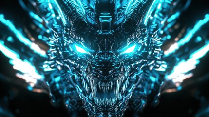 Futuristic metallic dragon head with glowing blue eyes, exuding a menacing presence against a dark...