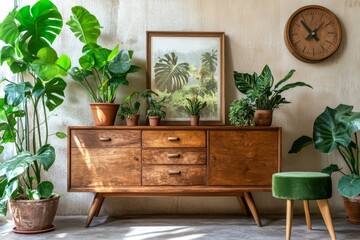 The vintage interior design of a living room features stylish retro furnitures, plants, a commode, black clock, and brown poster mock-up frame on the beige wall. A stylish home decor template can be