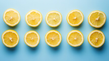 Fototapeta premium Freshly sliced lemons arranged on a light blue background, showcasing their vibrant color and juicy texture.
