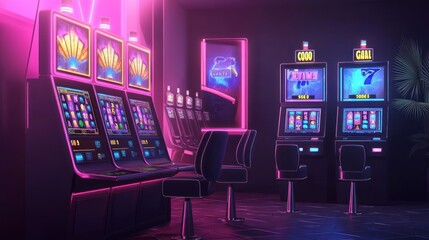 Vibrant casino interior featuring colorful slot machines in a neon-lit atmosphere.