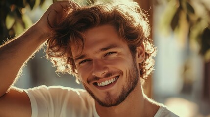 A joyful young Caucasian man with curly hair smiles brightly while tucking his hair behind his ear, surrounded by a warm, sunlit atmosphere.