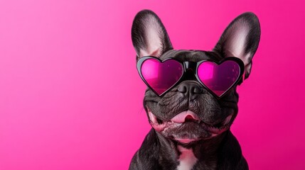 A playful French Bulldog wearing heart-shaped sunglasses against a vibrant pink background, exuding charm and personality.