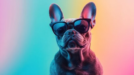 A stylish French bulldog wearing oversized sunglasses against a vibrant, gradient background.