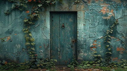 A mysterious, slightly eerie depiction of an old, abandoned door with peeling paint and a rusty handle, set against a cracked