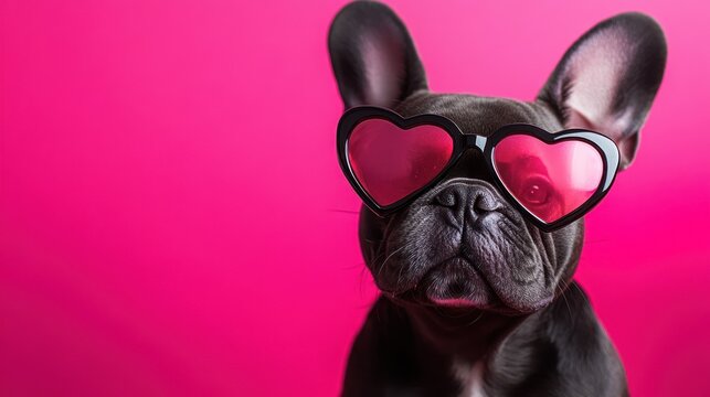 A stylish French Bulldog wearing heart-shaped sunglasses against a vibrant pink background.