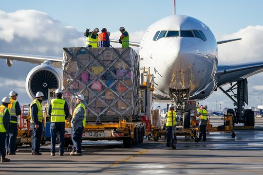 Cargo being loaded onto a commercial aircraft at an airport during daylight hours with workers and equipment visibly in action