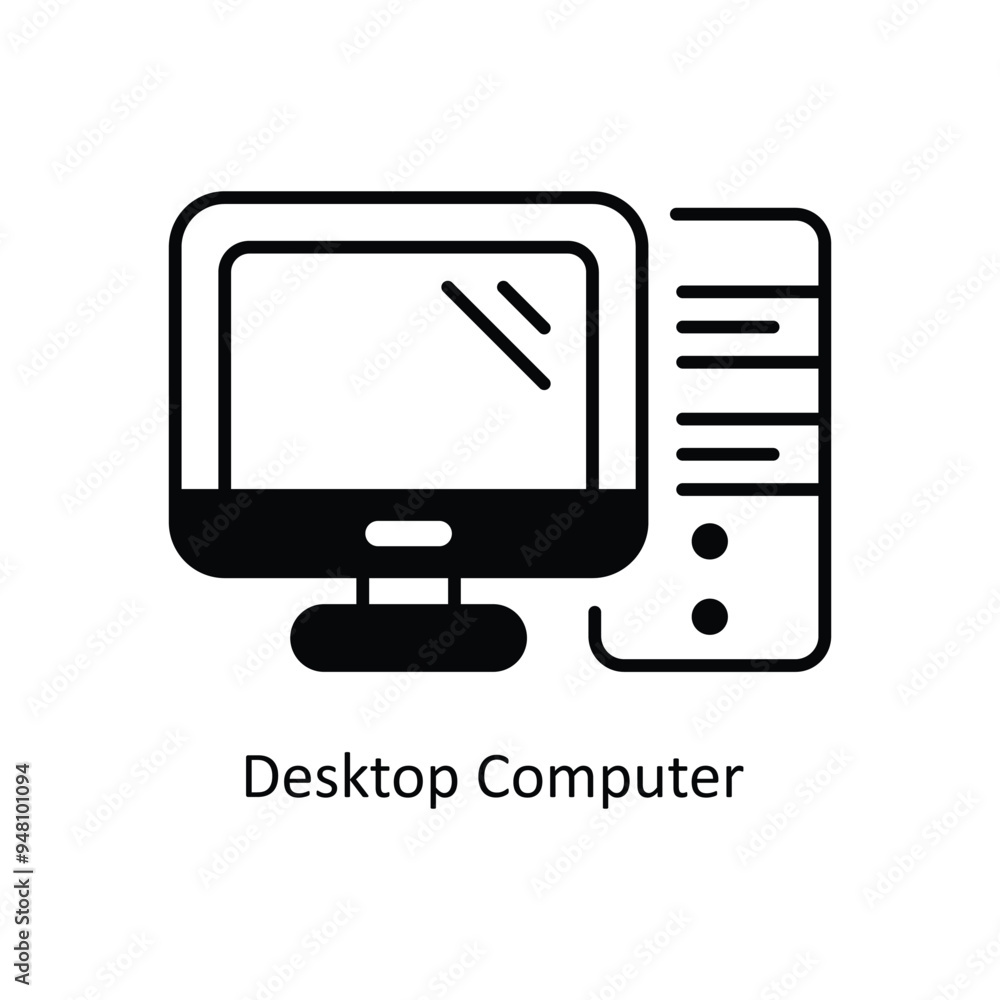 Poster desktop computer vector solid icon design illustration. information technology symbol on white backg