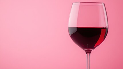 A close-up of a glass of red wine against a soft pink background, showcasing elegance and sophistication.