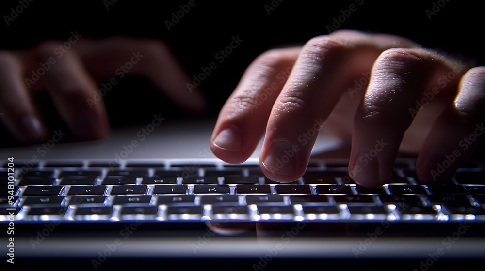 Poster close up view of human hand typing on computer keyboard in dim lighting