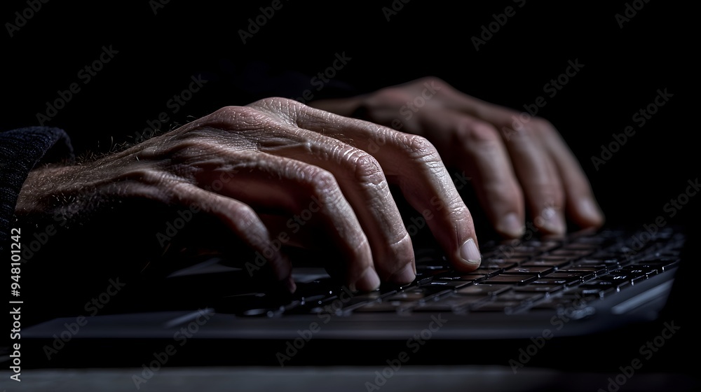 Poster hands typing on dark keyboard in workspace with technology
