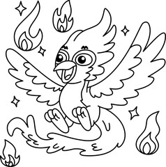 Drawing outline phoenix bird surrounded by fire.eps