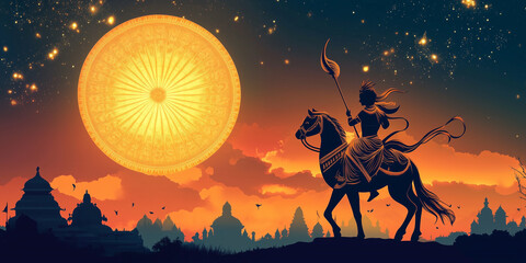 Indian king riding horse under ashoka chakra moon illustration
