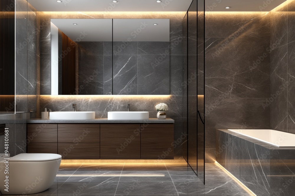 Wall mural dark stone tile and wood furniture in a modern minimalist bathroom