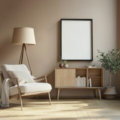 Mockup of a living room interior with armchair and drawer, a poster and a light fixture