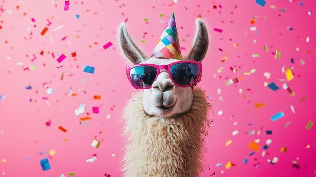 A festive llama wearing pink sunglasses and a party hat, surrounded by colorful confetti against a vibrant pink backdrop.