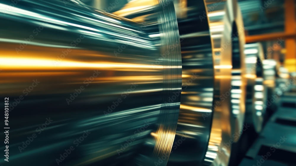 Poster close-up of metallic coils showcasing a vibrant reflection and streamlined design in a factory setti