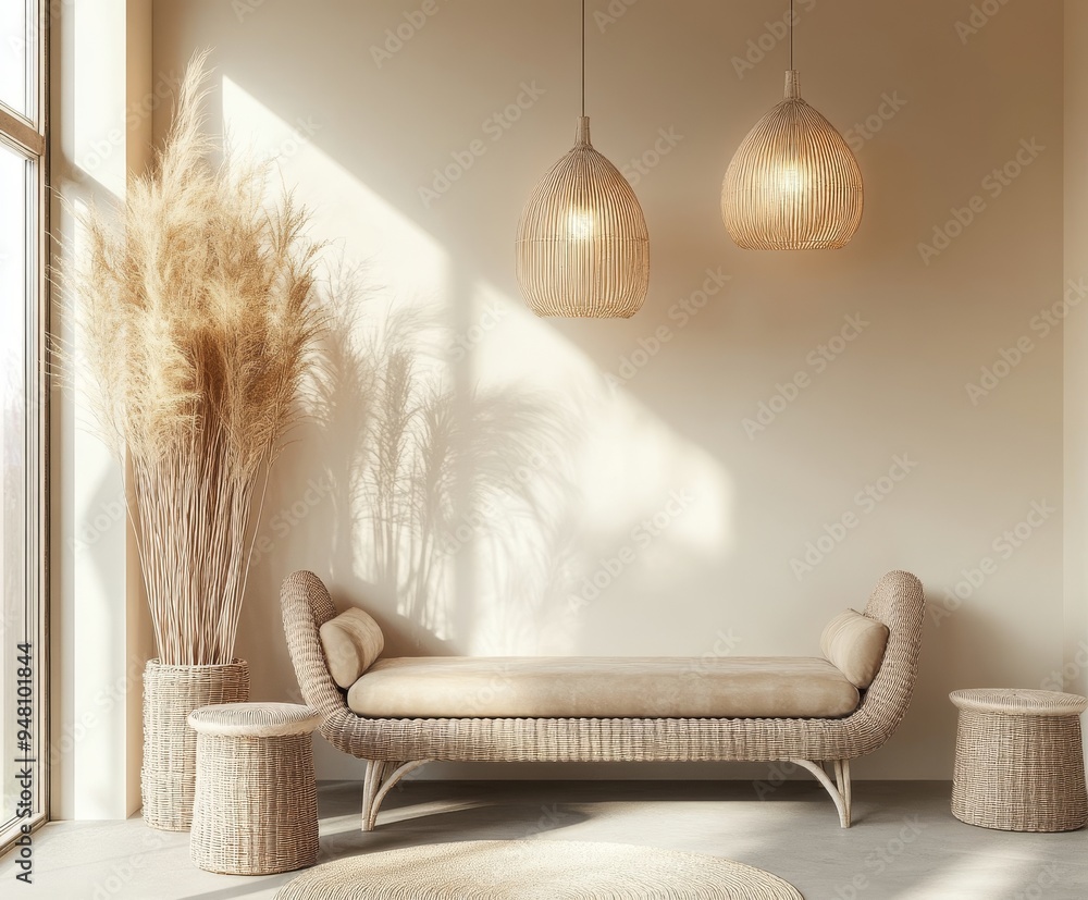 Poster background of a minimalist boho house in beige color with a sofa and coffee table, 3d render of a li