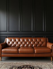 Interior of a spacious living room with comfortable sofas and pillows, black wall with empty copy space and real photo