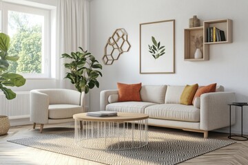 Modern living room with wooden floors and stylish furniture. Concept of contemporary design mockup.