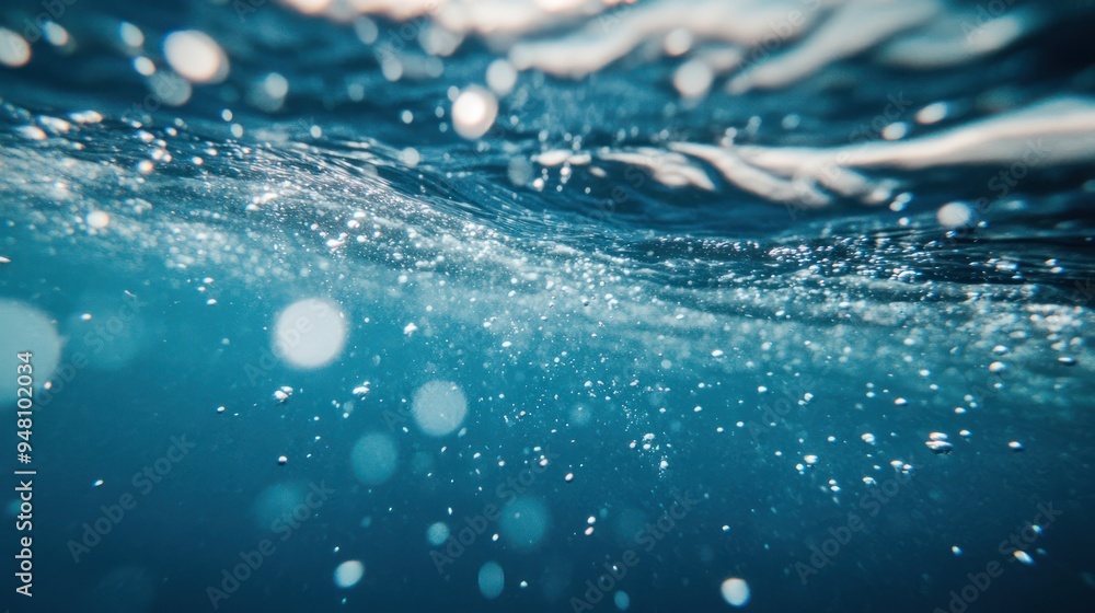 Poster a mesmerizing underwater scene featuring sparkling bubbles and gentle waves, creating a tranquil aqu