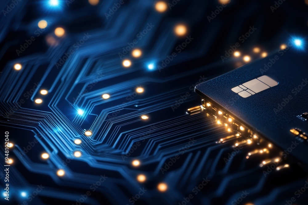 Poster close-up of a microchip on a glowing circuit board, showcasing modern technology and intricate desig