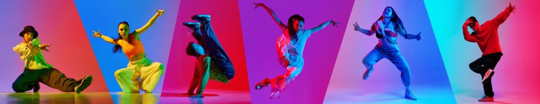 Collage made with different young people in motion performing contemporary hip-hop dance again multicolor background in neon light. Concept of art, creativity, hobby, movements. Banner, flyer, ad