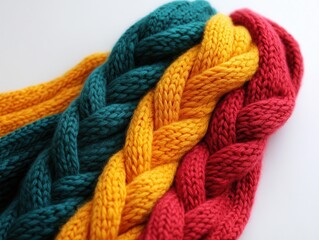 Colorful braided knit fabric showcasing vibrant hues of red, yellow, green, and blue, perfect for cozy winter fashion.