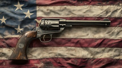 A vintage revolver rests atop a weathered American flag, evoking themes of history and patriotism.