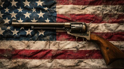 A vintage revolver rests on a worn American flag, evoking a sense of history and nostalgia.
