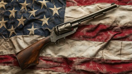 Obraz premium A vintage revolver rests on a weathered American flag, symbolizing heritage and history.