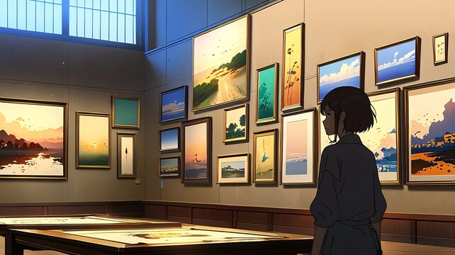 Anime Girl admires a gallery wall of framed sunset seascape paintings. Suitable for travel blogs, art websites, or interior design concepts.
