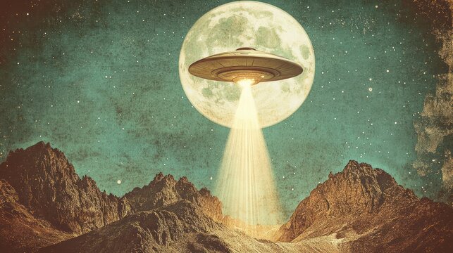 A vintage-style illustration of a UFO hovering over rugged mountains with a glowing full moon in the background.