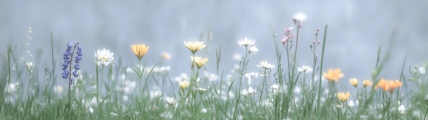Naklejka premium Vibrant wildflower meadow, seamless textures of colorful blooms, lush green grass backdrop, lively and cheerful ambiance, ideal for a bright and minimalist natural setting