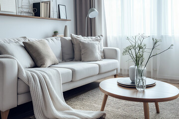 Fototapeta premium Bright, clean living room with neatly arranged furniture, a vacuumed carpet, and a spotless coffee table, exuding a sense of order and cleanliness.