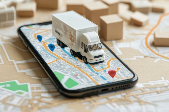 A miniature delivery truck on a smartphone map illustrating logistics tracking and navigation in a bustling urban area during the day