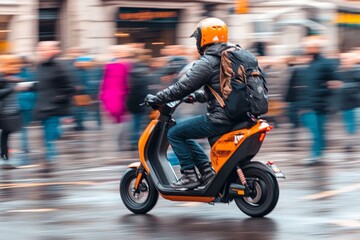 A person rides an orange electric scooter through busy city streets during a rainy afternoon, surrounded by blurred pedestrians