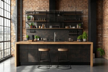 Interior design for a minimalist modern kitchen with wood paneling, ergonomic kitchen built-ins, and a kitchen island with geometric forms and shapes. Details. Template.