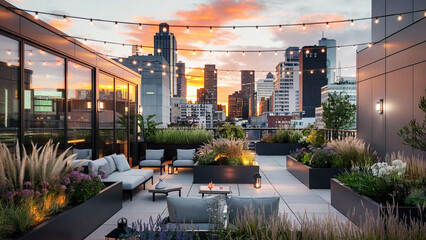 Urban Rooftop Garden at Sunset